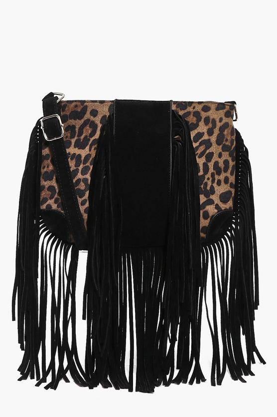 Abbie Faux Leopard Fringed Cross Body Bag